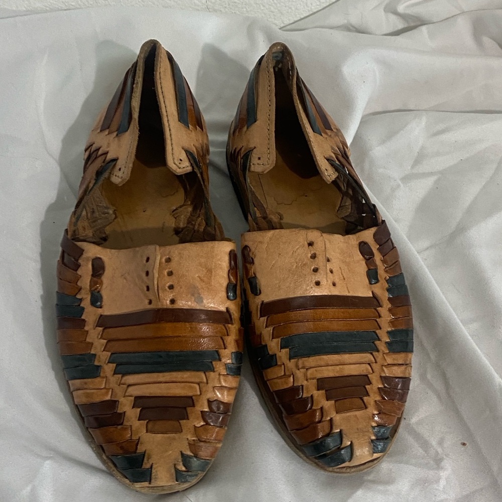 Multicolor leather huarache sandals. Size 5.5 - 6. Tan, brown, camel, green